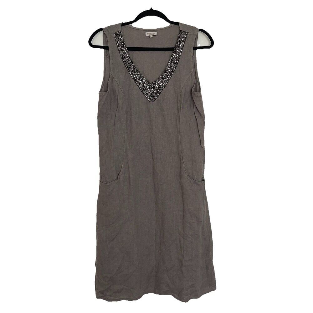 Lina Tomei Dress Womens Medium Gray Linen Made In Italy Coastal Resort Beaded